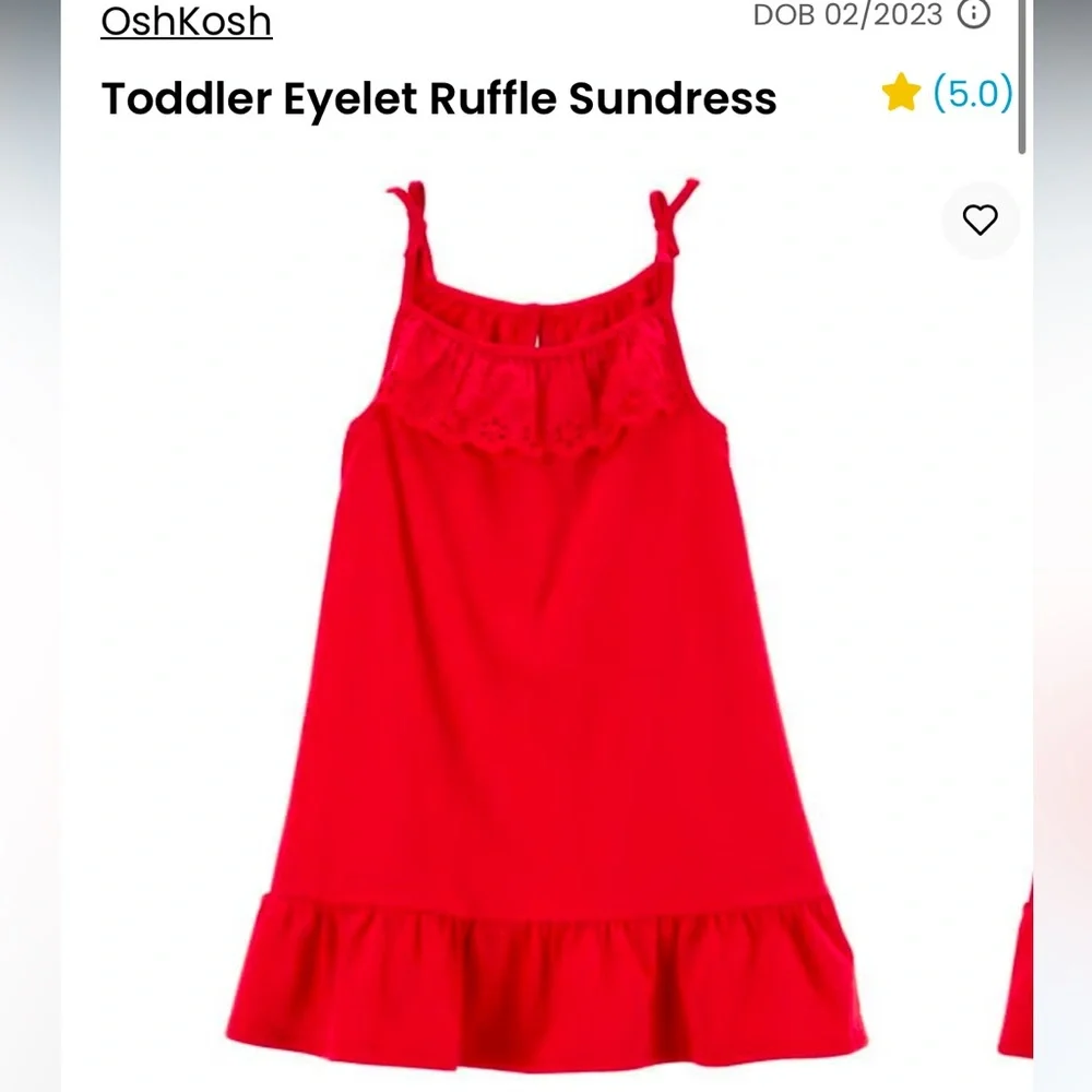 OshKosh B’gosh Girls 2T Red Eyelet Ruffle Hem Tie Strap Dress